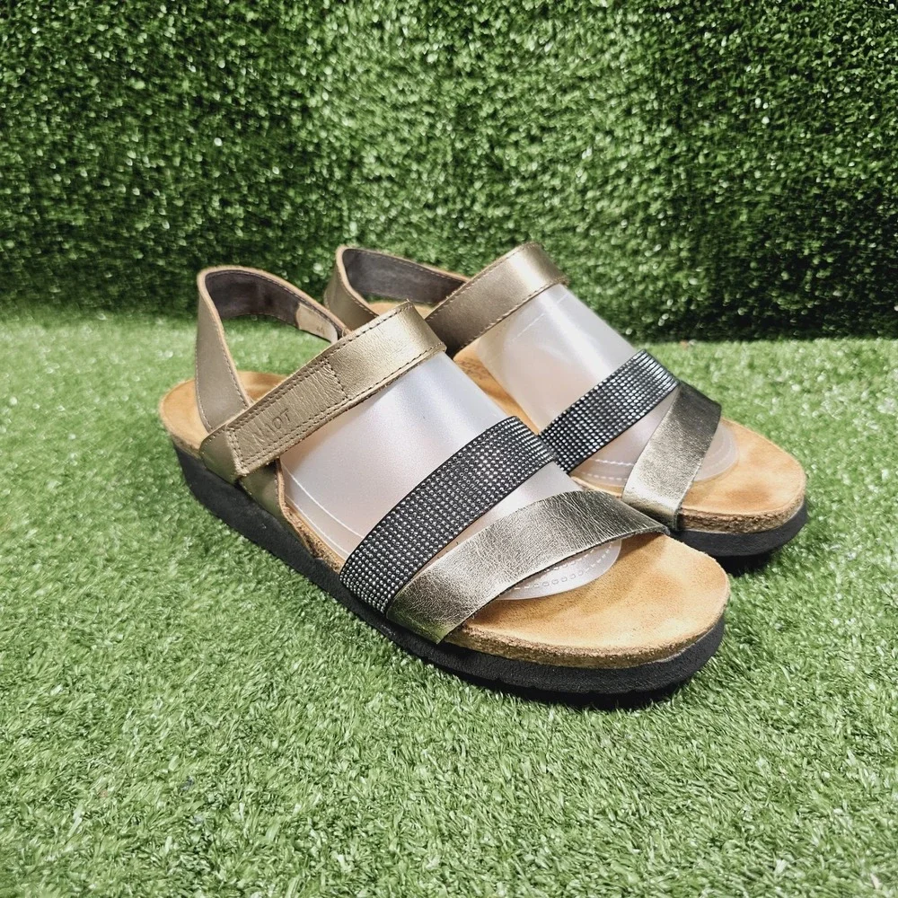 Naot Krista Gold Pewter Leather Embellished Slingback Wedge Sandals Size 40 US 9